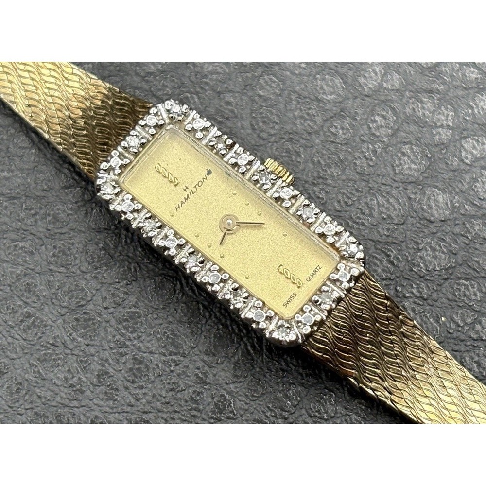 Hamilton Vintage Diamond Bezel Gold Plated Rectangular Watch Swiss NEEDS BATTERY - Picture 2 of 9